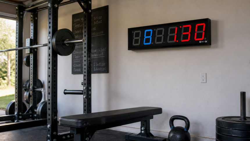 GymNext Flex Timer mounted above a squat rack in a garage gym