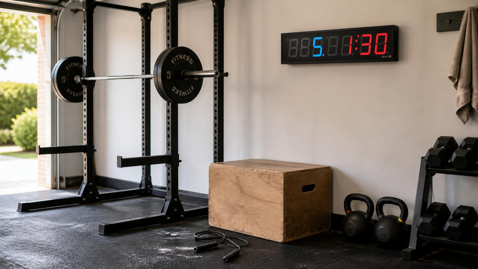 GymNext Flex Timer visible across a compact garage gym