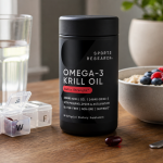 Sports Research Omega 3 Krill Oil bottle beside breakfast, water, and a pill organizer