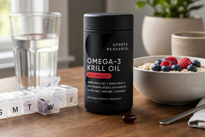 Sports Research Omega 3 Krill Oil bottle beside breakfast, water, and a pill organizer