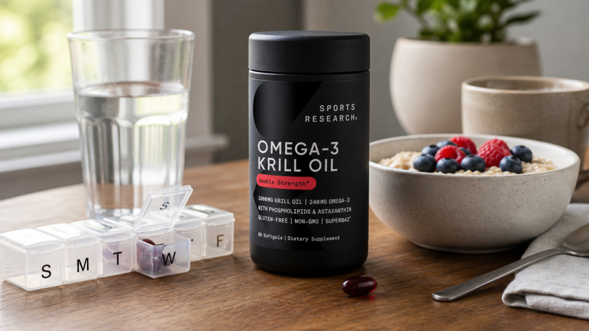 Sports Research Omega 3 Krill Oil bottle beside breakfast, water, and a pill organizer