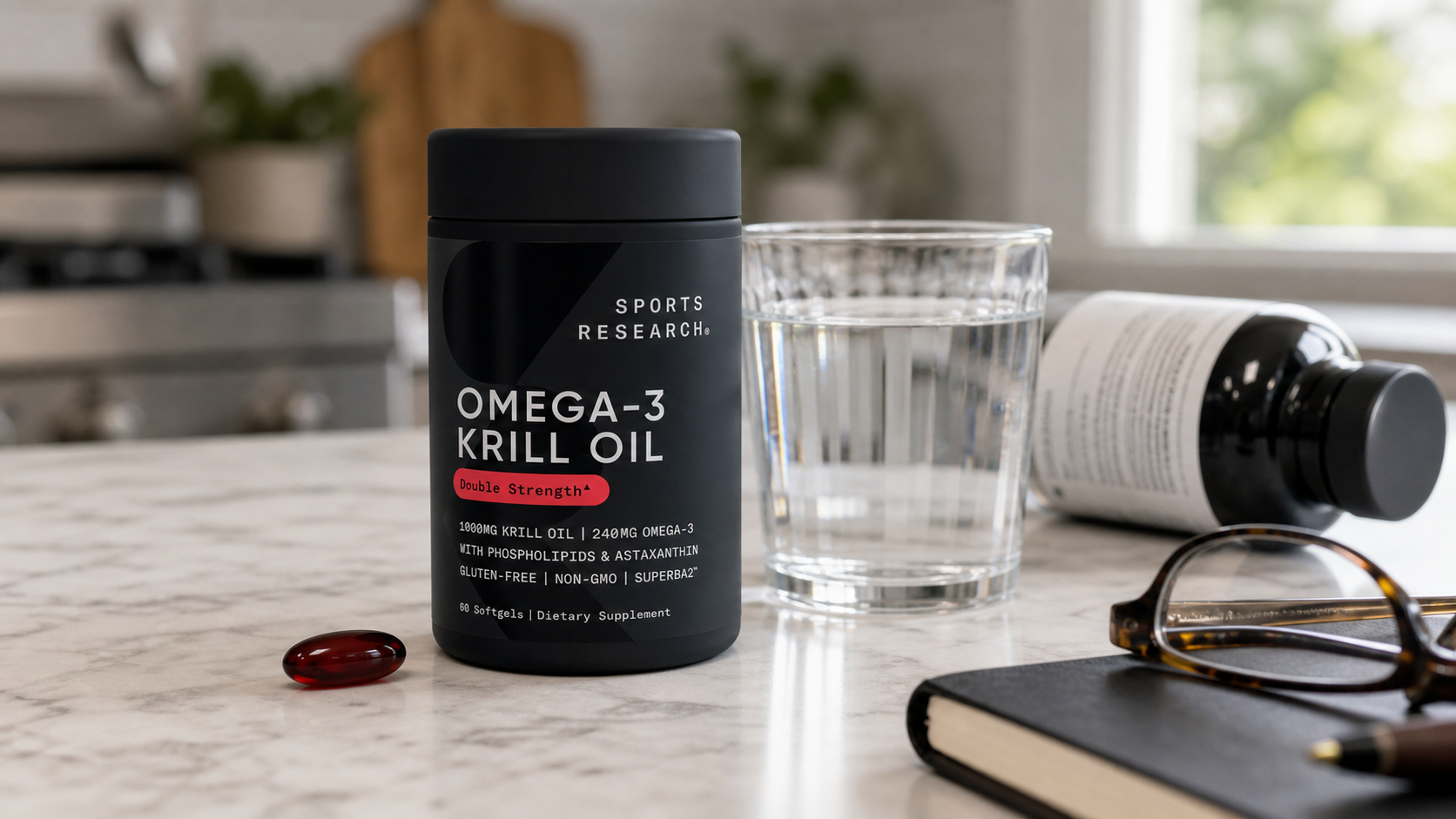 Sports Research krill oil bottle and softgel beside water, reading glasses, and an unbranded comparison bottle