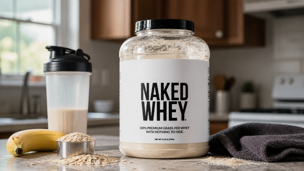 NAKED Whey five-pound tub beside a shaker, oats, banana, and gym towel