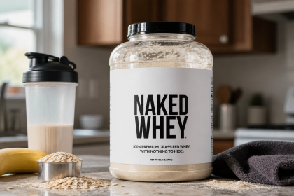 NAKED Whey five-pound tub beside a shaker, oats, banana, and gym towel