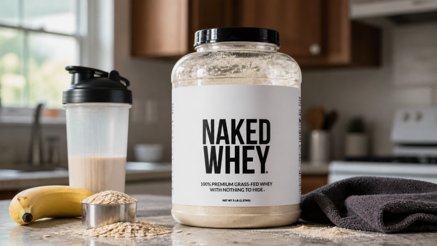 NAKED Whey five-pound tub beside a shaker, oats, banana, and gym towel