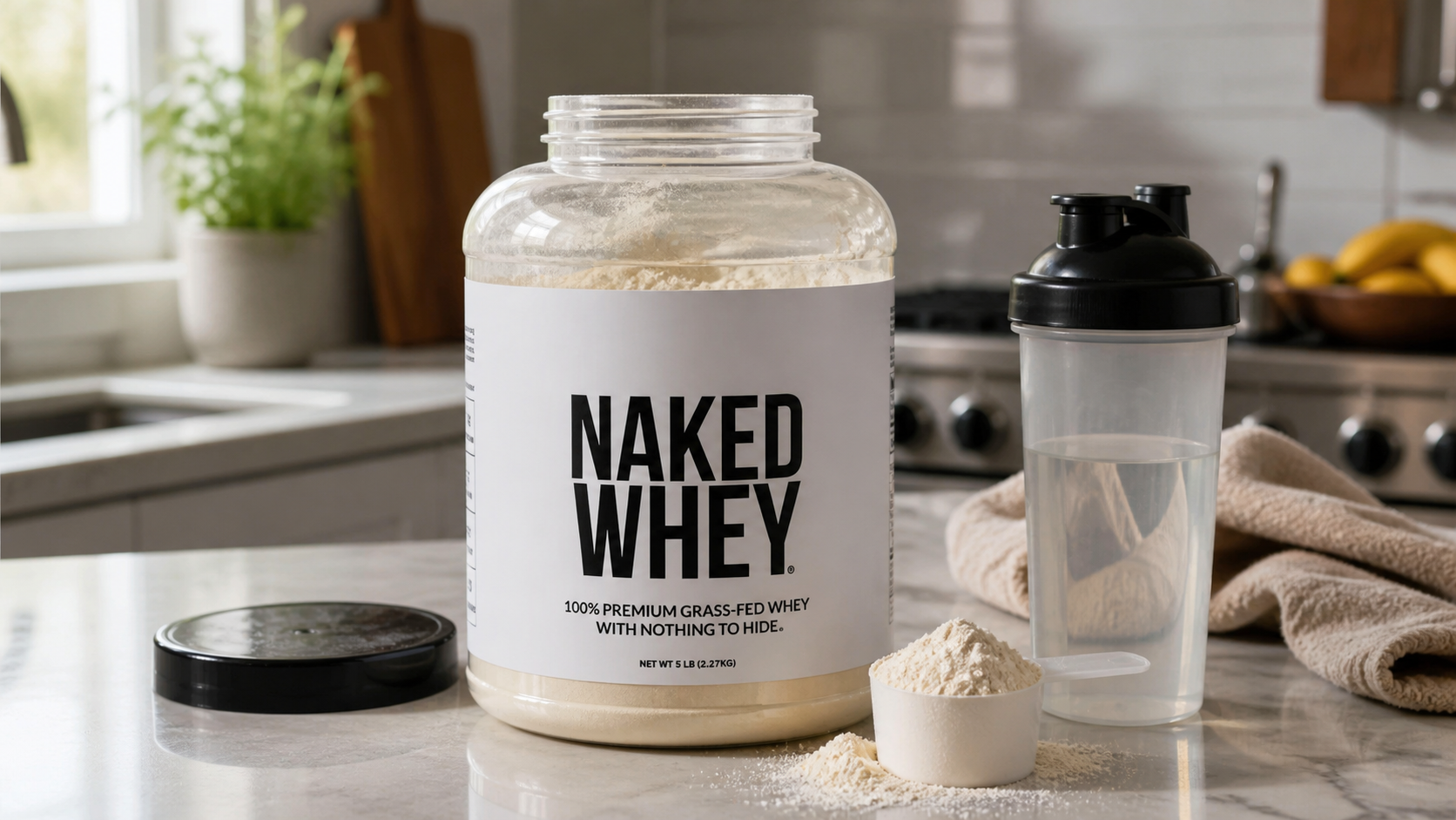 Unflavored whey powder beside a shaker and simple smoothie ingredients