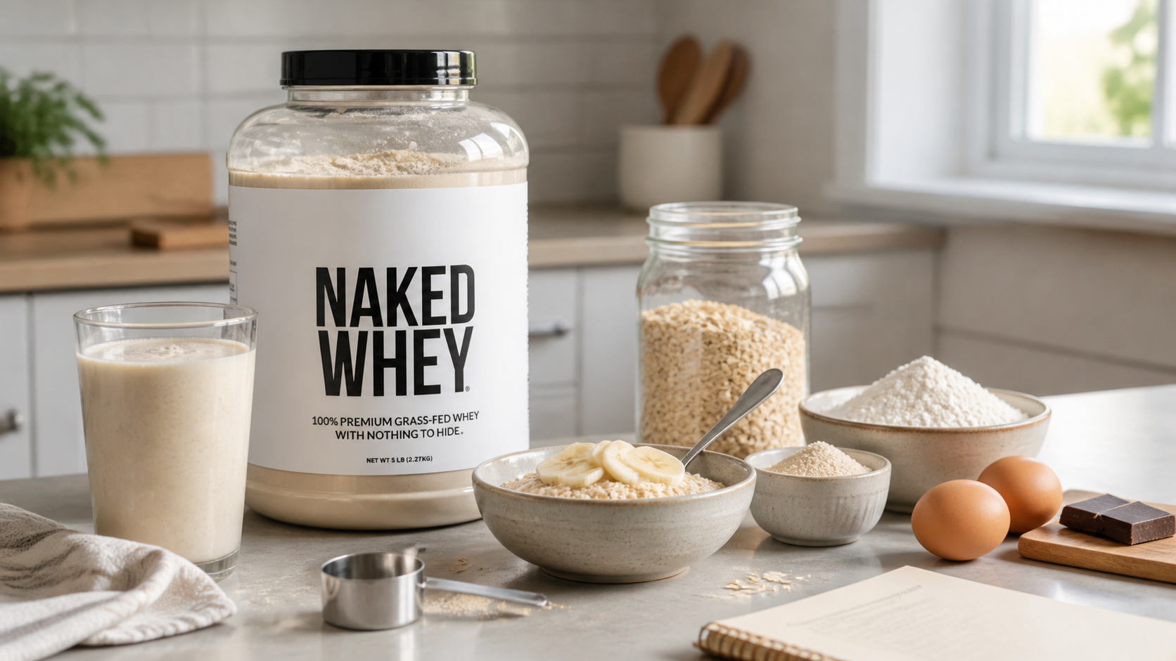 Kitchen counter with NAKED Whey beside a smoothie, oats, and baking ingredients