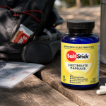 Yellow-label SaltStick Electrolyte Capsules beside trail gear, water, and a banana