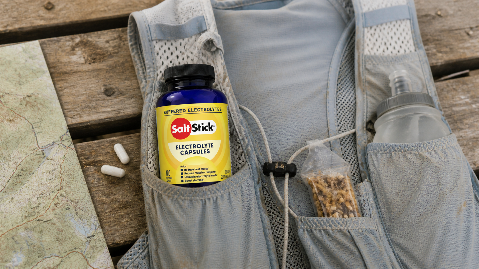 Yellow-label SaltStick Electrolyte Capsules bottle beside a running vest and plain water in an illustrative endurance setup