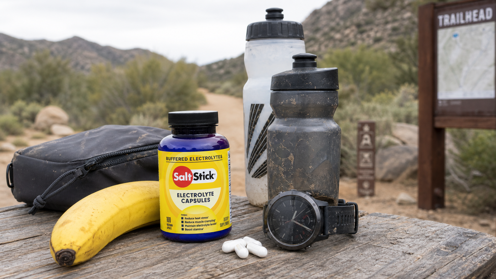 Yellow-label SaltStick capsules beside two water bottles, a banana, and a sports watch at a trailhead
