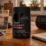 Sports Research Tart Cherry Fruit Complex beside water, cherries, and recovery gear
