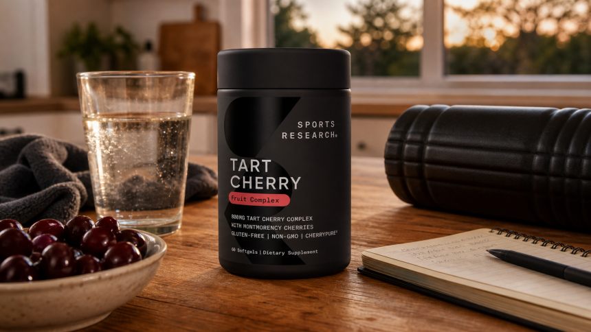 Sports Research Tart Cherry Fruit Complex beside water, cherries, and recovery gear