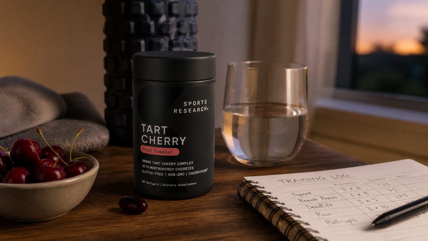 Illustrative tart cherry softgel setup beside a training notebook