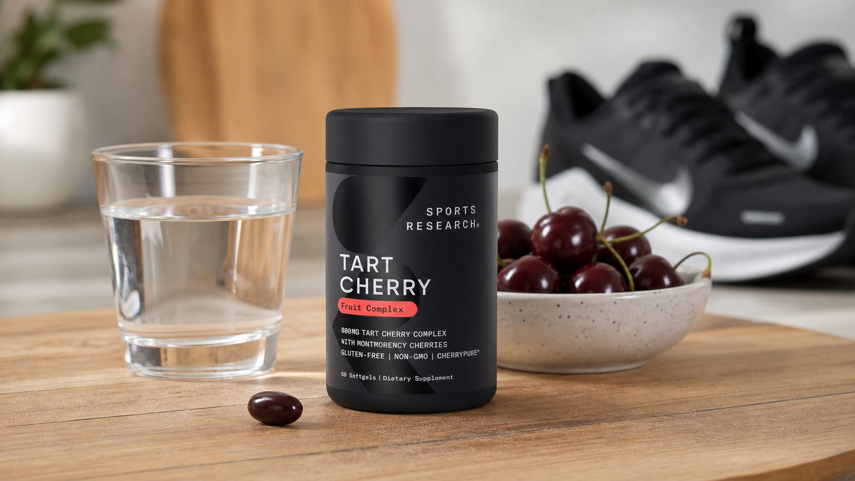 Illustrative recovery table with tart cherries, softgels, water, and training notes
