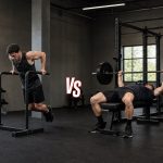 Parallel-bar dip and barbell bench press shown side by side in a strength gym