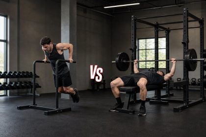Parallel-bar dip and barbell bench press shown side by side in a strength gym