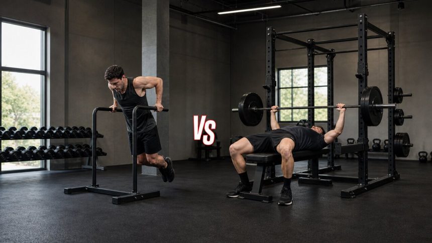 Parallel-bar dip and barbell bench press shown side by side in a strength gym