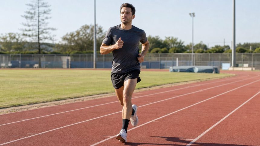 Runner moving through a workout on an outdoor athletics track