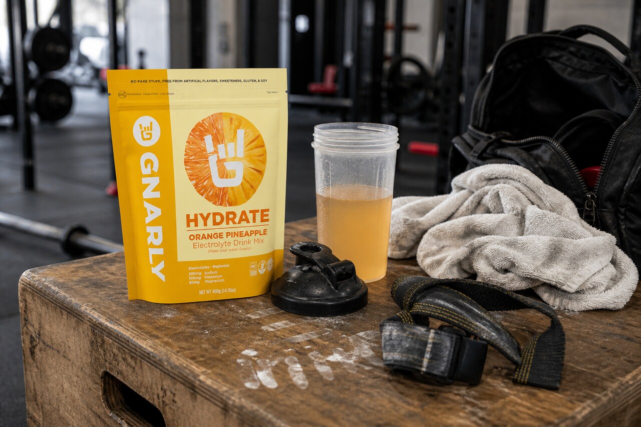 Gnarly Hydrate pouch and mixed drink beside a towel, lifting straps, and gym bag
