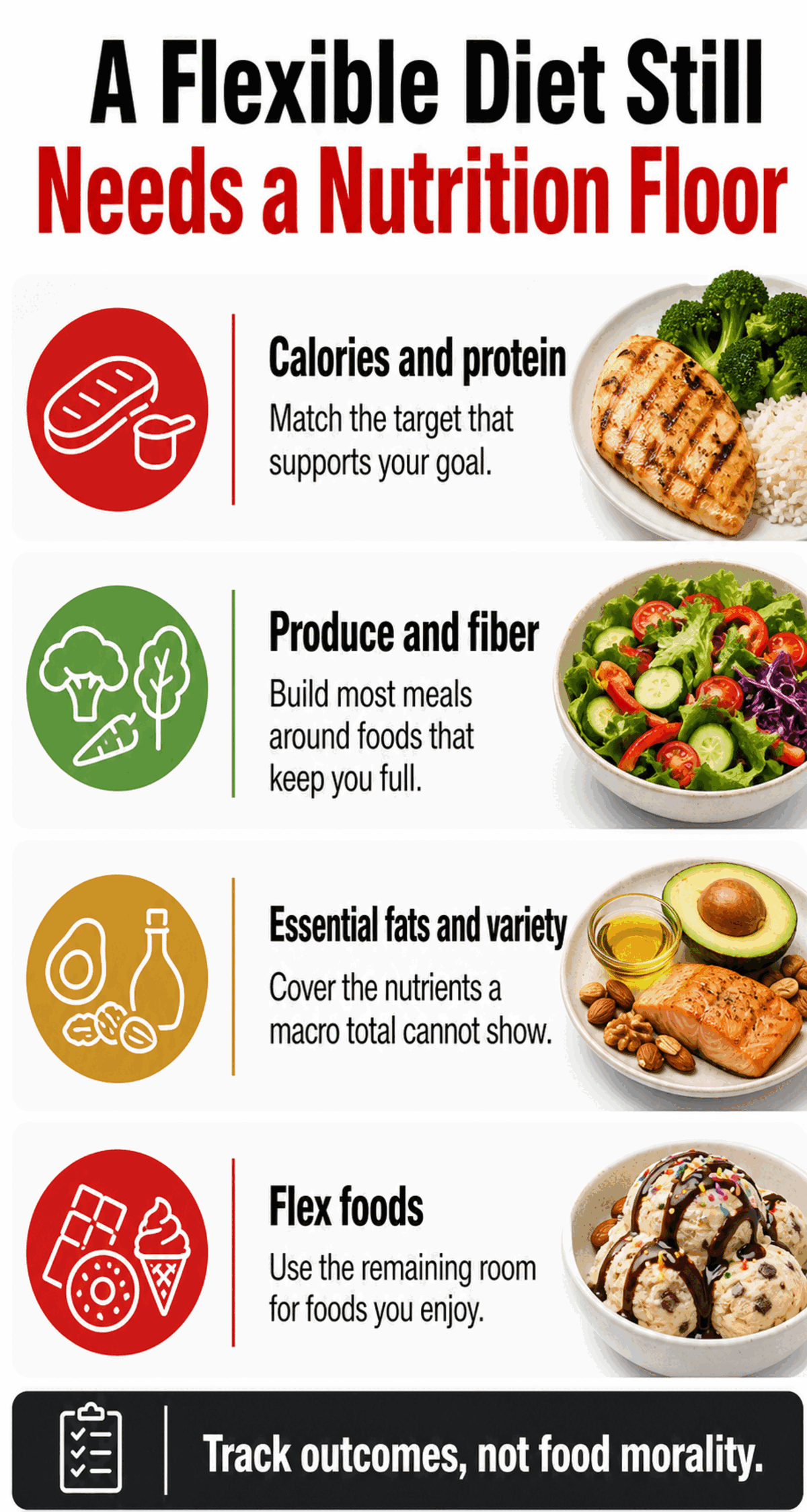 Four-part checklist for calories, protein, produce, fiber, essential fats, variety, and flex foods