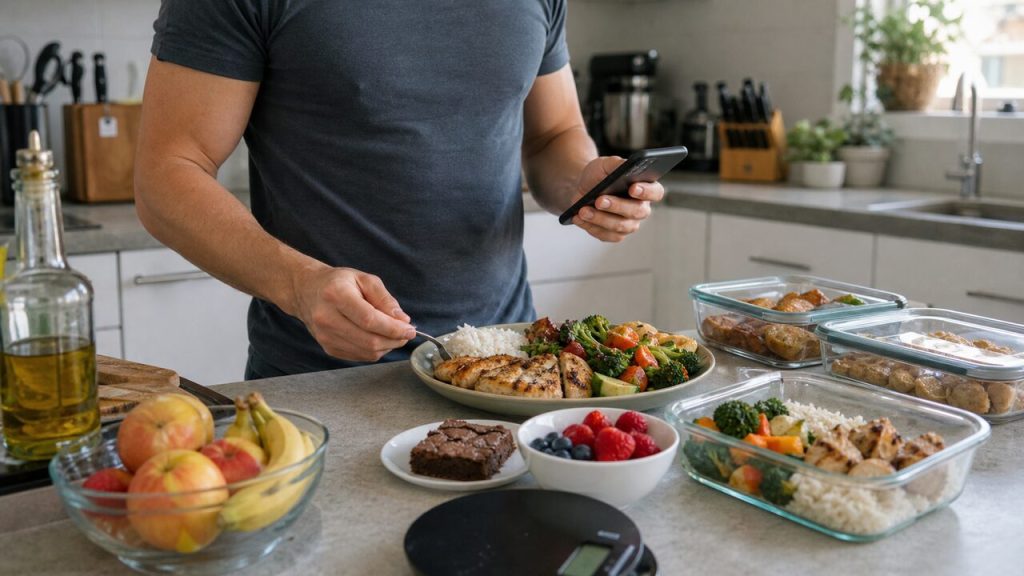 Lifter logging a meal with chicken, rice, vegetables, fruit, and dessert