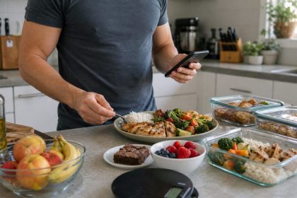 Lifter logging a meal with chicken, rice, vegetables, fruit, and dessert
