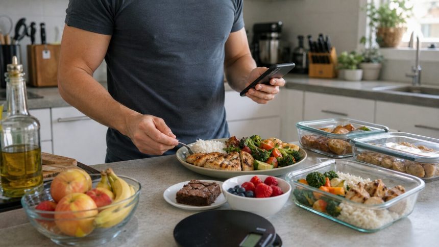 Lifter logging a meal with chicken, rice, vegetables, fruit, and dessert