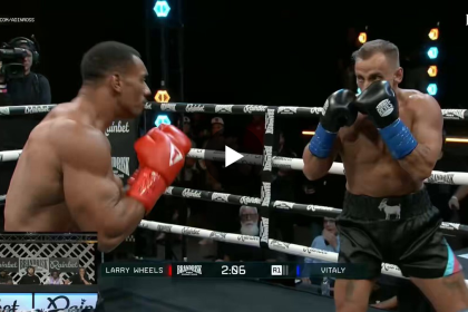 Larry Wheels and Vitaly exchange punches during Brand Risk 15 boxing fight