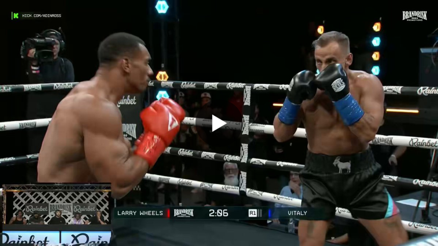 Larry Wheels and Vitaly exchange punches during Brand Risk 15 boxing fight