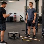 Coach recording a lifter movement-screen baseline beside a squat rack