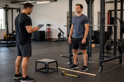 Coach recording a lifter movement-screen baseline beside a squat rack