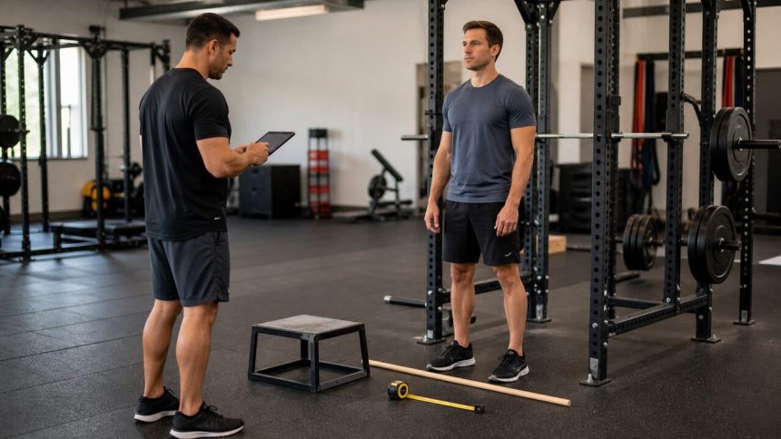Coach recording a lifter movement-screen baseline beside a squat rack