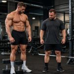 Two lifters with different builds standing beside dumbbells and a loaded barbell in a strength gym