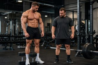 Two lifters with different builds standing beside dumbbells and a loaded barbell in a strength gym