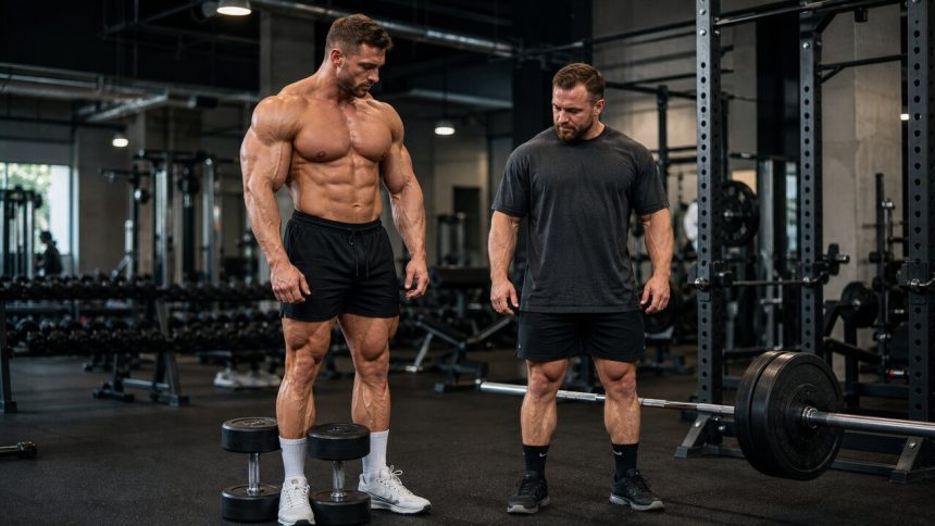 Two lifters with different builds standing beside dumbbells and a loaded barbell in a strength gym