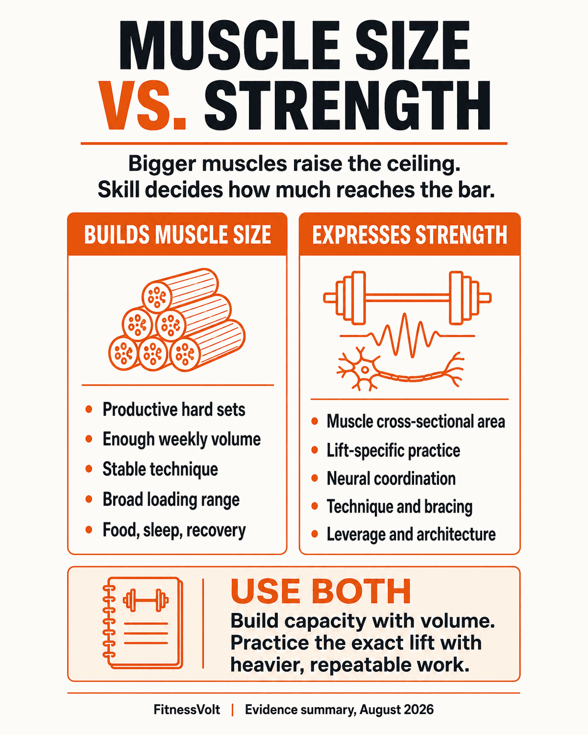 Infographic comparing factors that build muscle size with factors that express strength
