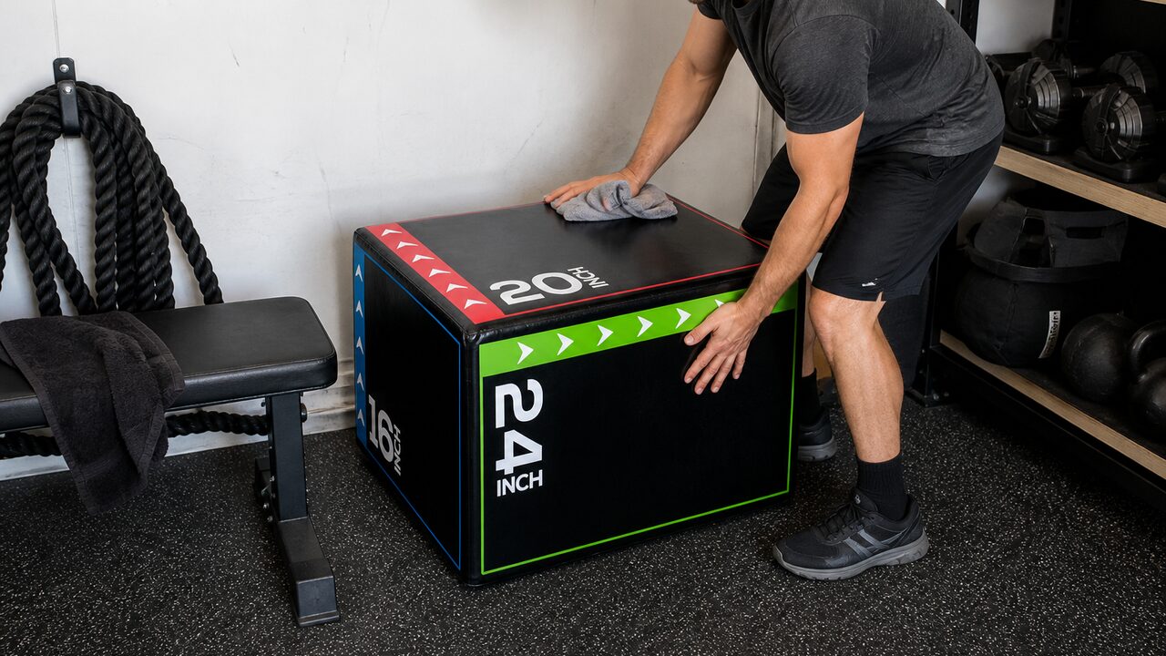 Athlete preparing for a controlled low box jump on a BalanceFrom foam plyo box