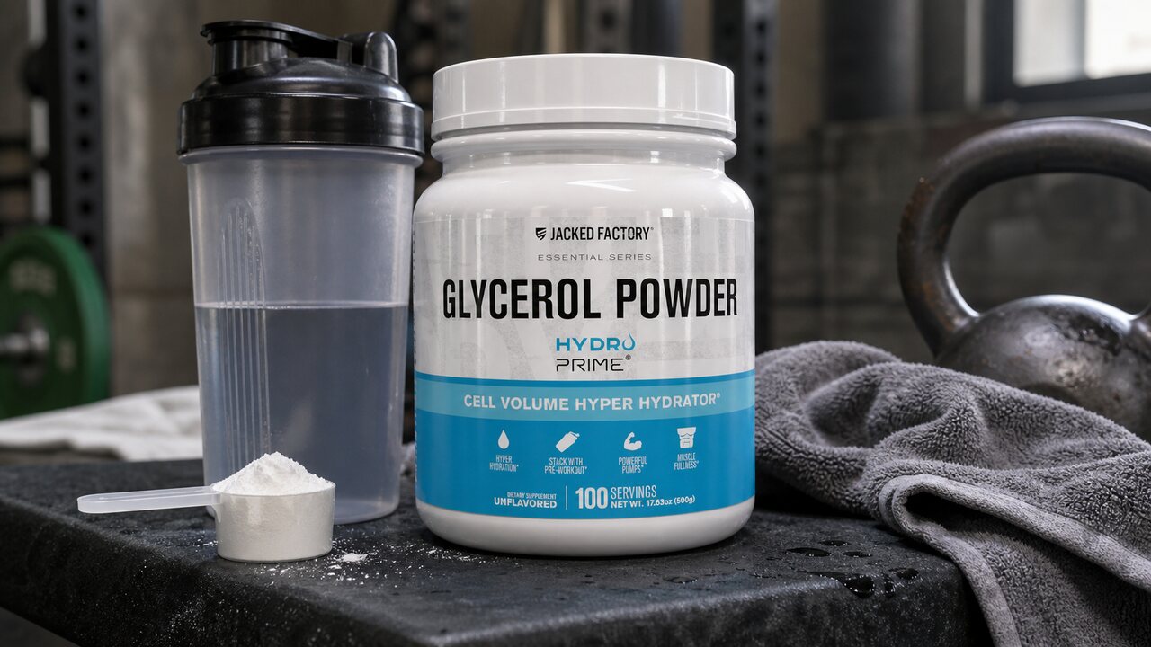 Jacked Factory Glycerol Pump tub beside water and gym gear