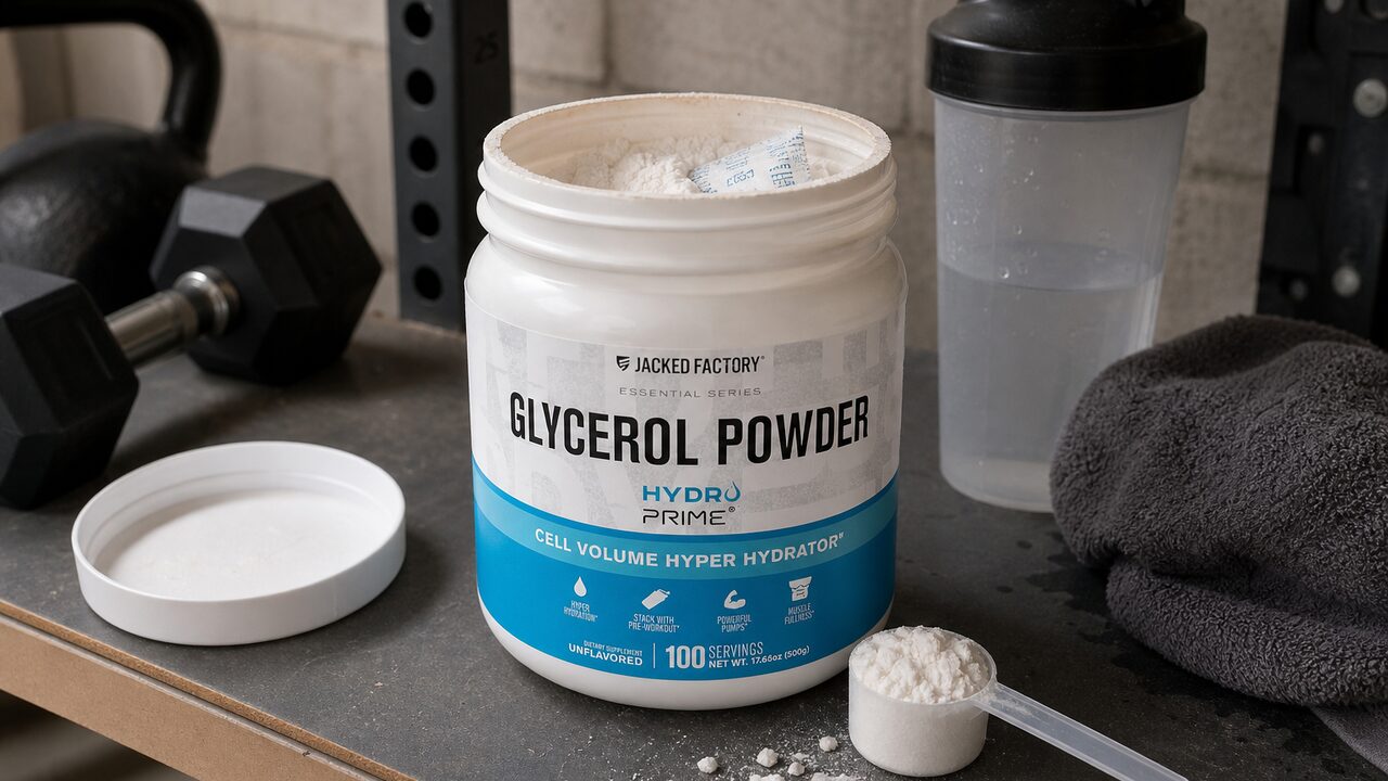 Jacked Factory Glycerol Pump beside an unflavored pre-workout drink in a working gym setting