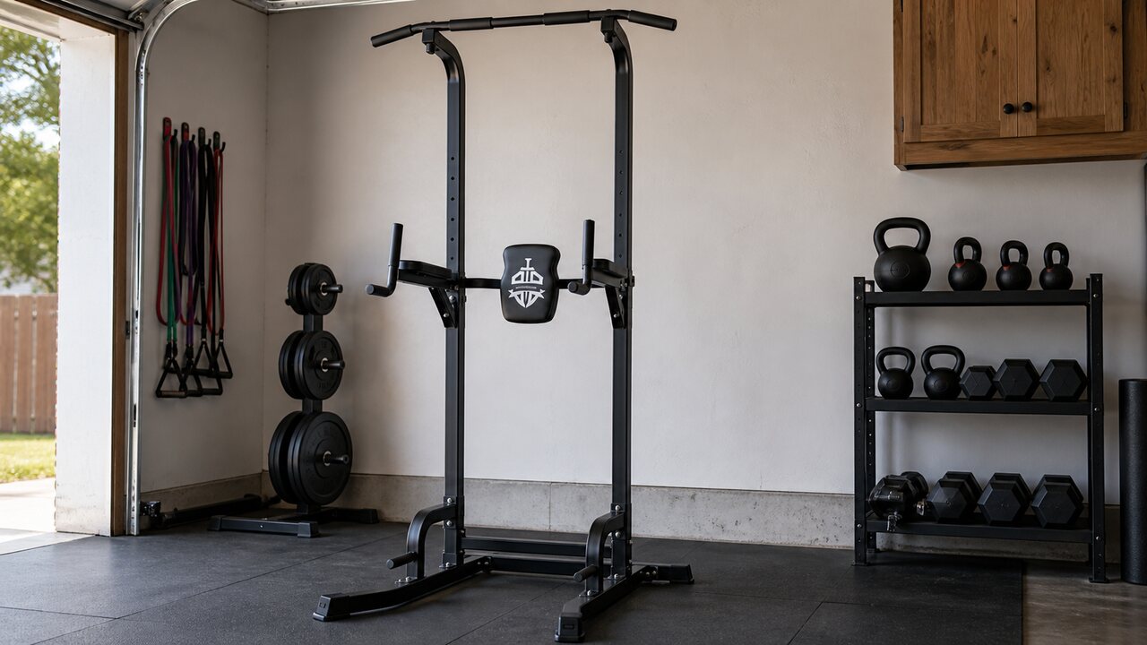 Sportsroyals 360-pound power tower in a compact home gym