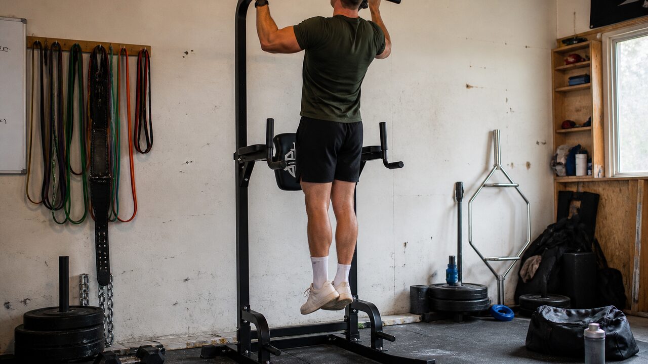 Sportsroyals power tower set up in a compact home gym with clear floor space