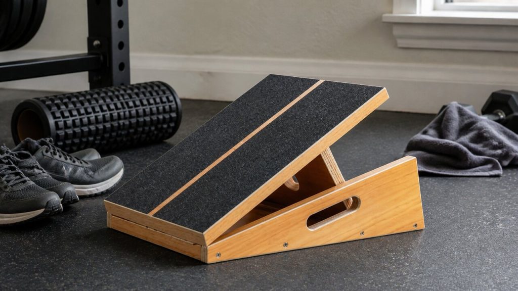 StrongTek wooden slant board in a practical home gym