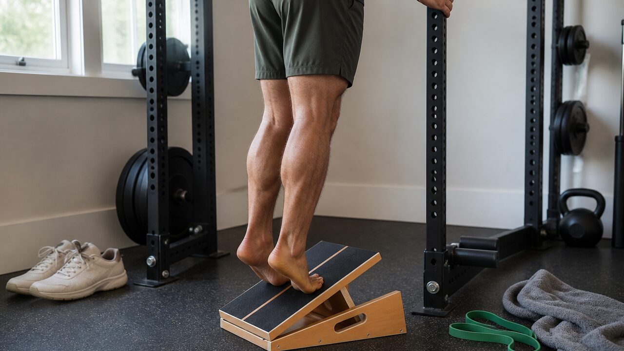 StrongTek wooden slant board beside training shoes in a practical home gym
