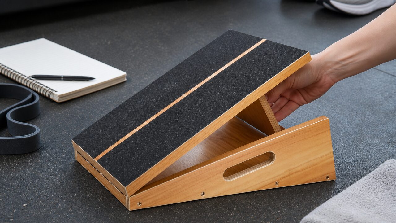 Athlete using a StrongTek wooden slant board for a controlled heel-elevated squat