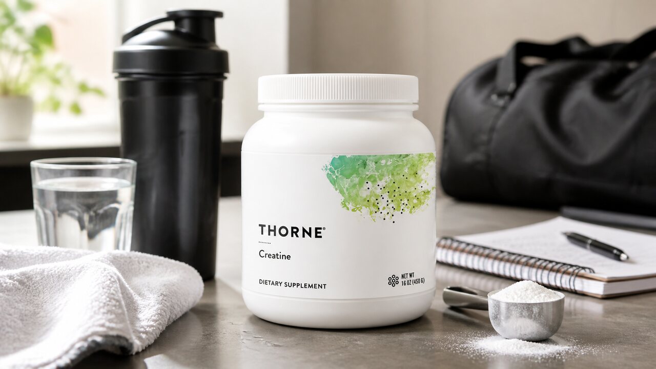 Thorne Creatine 90-serving tub beside a shaker and training gear