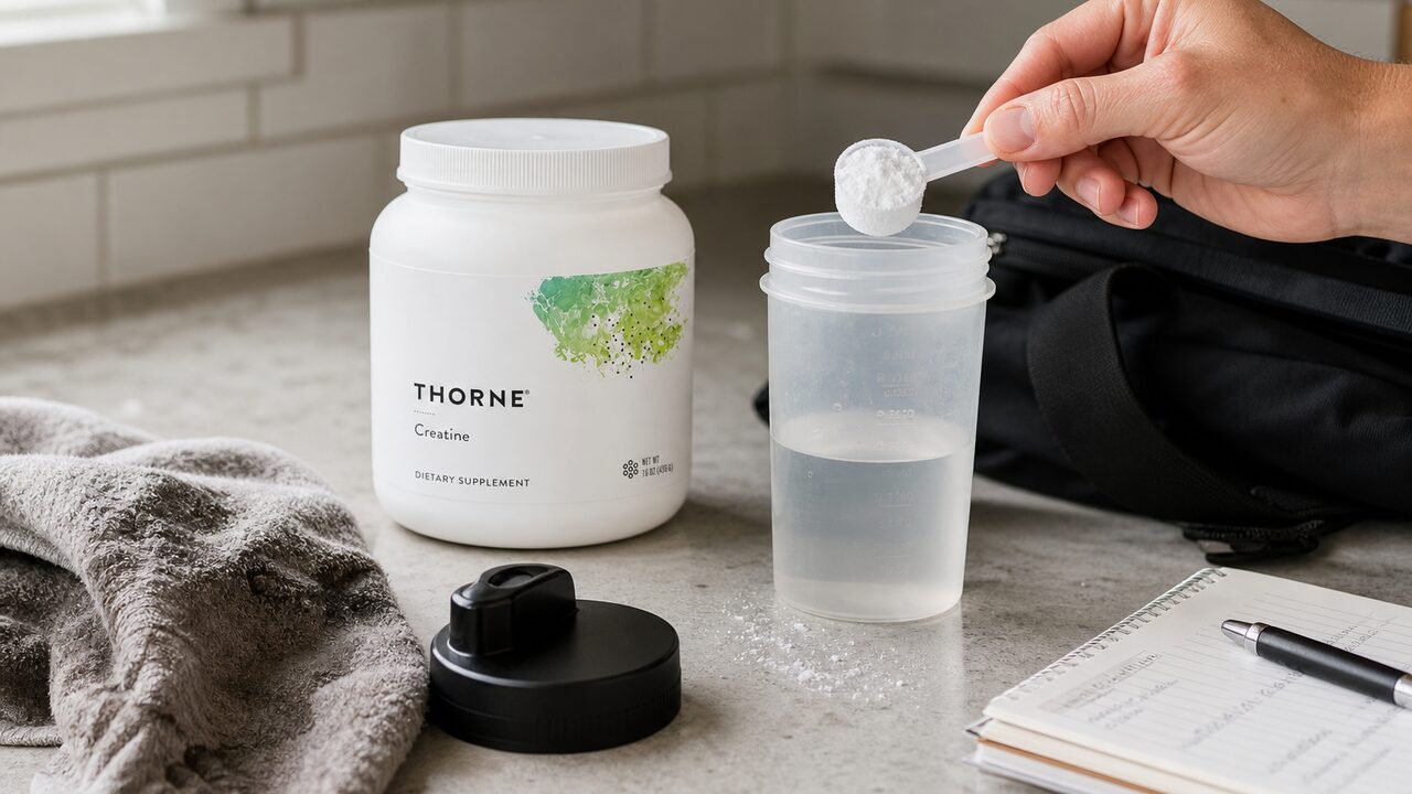 Thorne Creatine tub beside a scoop water and a simple training log