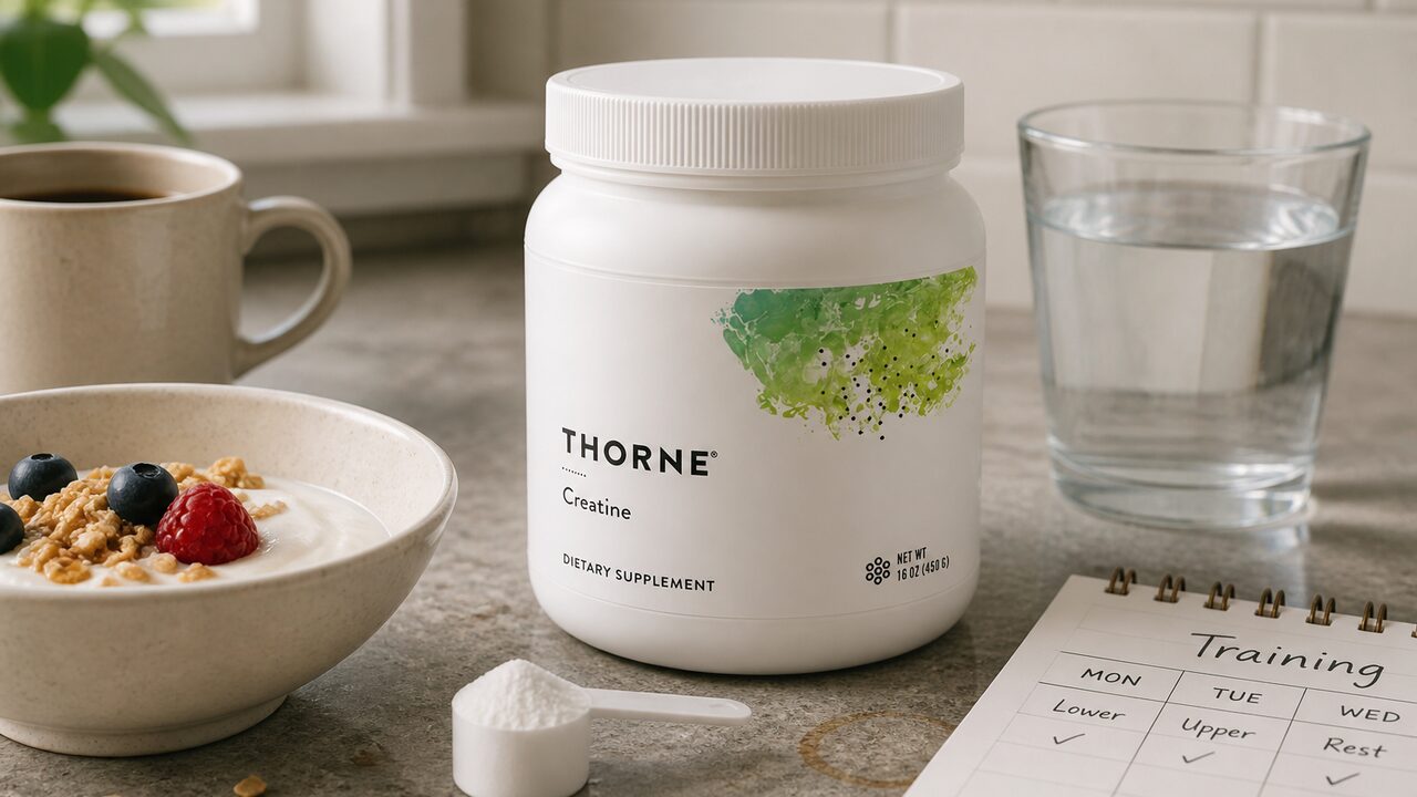 Thorne Creatine mixed beside a shaker and home gym equipment