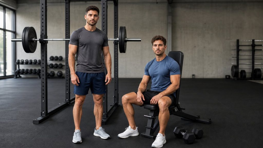 One athlete standing beside a barbell rack while another sits on a bench near two dumbbells
