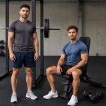 One athlete standing beside a barbell rack while another sits on a bench near two dumbbells
