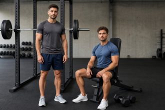 One athlete standing beside a barbell rack while another sits on a bench near two dumbbells